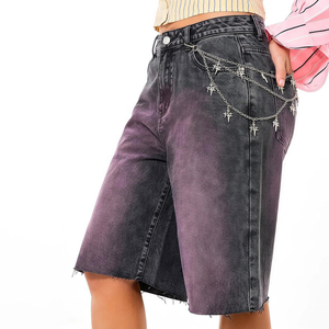 Custom Logo High Waist Stonewashed Denim <b>Shorts</b> Women's Loose Fit Straight Leg Casual Summer Cotton With Embroidery Detail Jorts - Product Image 3