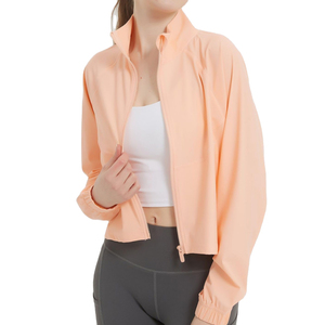 Women's Regular Fit 100% Nylon Four-Way Stretch <b>Yoga</b> <b>Jacket</b> with Front Logo Zipper Design Cropped Long Sleeve Sports Wear - Product Image 6