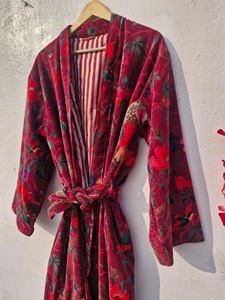 OFMD Pink Bird Velvet Banyan Fabric Kimono Cotton Velvet <b>Robe</b> Long, Original OFMD break up <b>robe</b> Printed Kimono With Tassels - Product Image 4