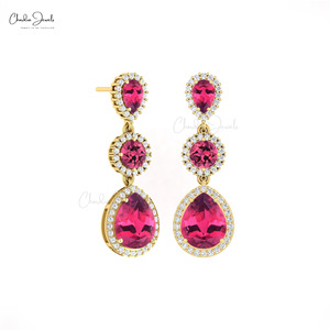 Hot Selling 10x8mm Pear Cut Pink Tourmaline <b>Dangle</b> Drop <b>Earrings</b> 14k Solid <b>Gold</b> Diamond Halo <b>Earrings</b> Wholesale Products in Bulk - Product Image 1