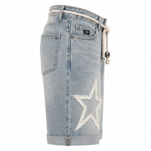 Men’s Y2K Star Applique Denim Jorts with Rhinestones & <b>Rope</b> Belt Streetwear Wide Leg Denim - Product Image 4
