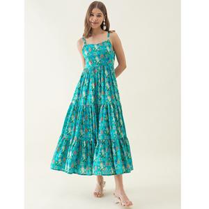 Vestido Maxi con Estampado Floral Azul Verde Azulado de Diseñador, con Volantes, para Uso Diario y Viajes, Disponible a Precio de Mayoreo - Product Image 1