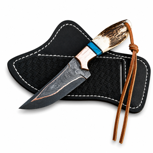 MAYSARA IMPEX Copper Damascus Steel Cowboy Hunting Knife Camping Knife with <b>Leather</b> Sheath & Stag Antler Handle - Product Image 1