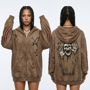 Sweat à capuche zippé vintage marron vieilli pour femme, avec motif crâne de cercueil et impression pelle croisée, style Streetwear Grave Digger - Product Image 1