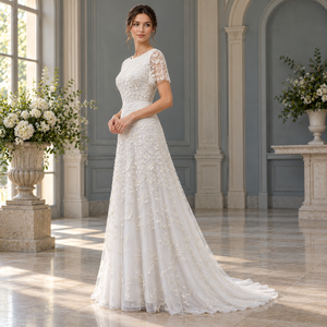 Botanical Mesh Evening <b>Dress</b> Round Neck Short <b>Sheer</b> Sleeves A-Line | 3D <b>White</b> Floor Length Floral Embroidered Formal Party Gown - Product Image 3