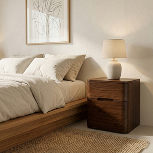 Table de chevet élégante en teck massif, design moderne et courbé, finition brun foncé, 2 tiroirs, pour chambre à coucher, hôtel - Product Image 4