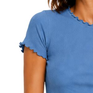 Custom Blue Ribbed Crop <b>Top</b> Women Short Sleeve Lettuce Trim Crew Neck Cotton Spandex Slim Fit Casual Summer T Shirt Custom OEM - Product Image 3