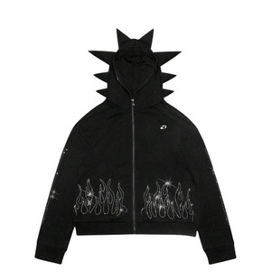 Sudadera con capucha negra para hombre, con cremallera, diseño de llamas con pedrería, capucha con púas, de algodón polar, estilo oversize, fabricación de ropa urbana - Product Image 1