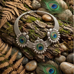 DIVYORO Oxidized Silver Mesh <b>Long</b> Adjustable <b>Necklace</b> with Peacock-Inspired Stone Settings for Women's Wedding Occasion - Product Image 3