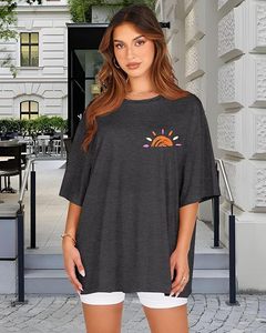 T-shirt décontracté pour femme en jersey de coton gris à col rond et manches courtes, coupe ample, imprimé, respirant, printemps-été - Product Image 5