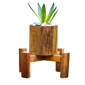 Ensemble de 2 jardinières rondes vintage en bois de manguier, pour intérieur et extérieur, pots décoratifs pour plantes, finition bois naturel, décoration maison et jardin - Product Image 2