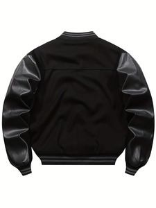 OEM Premium Quality 100% Cotton Men's Black Varsity <b>Jacket</b> With Leather Sleeves Embroidered Letter Patch Designs Preppy Style - Product Image 5