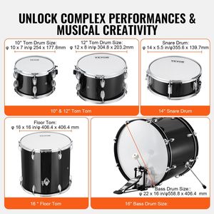 22-Inch 5-Piece adulto Full Size Drum principiante Bass Toms rullante da pavimento regolabile trono stand piatto Hi-Hat pedale - Product Image 3
