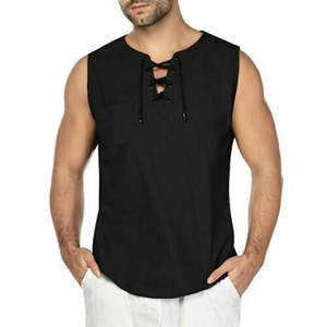 Camisetas sin mangas de lino y algodón de alta calidad para hombre, estilo casual, color liso, con cordones, chaleco sin mangas, nueva moda, color liso. - Product Image 5