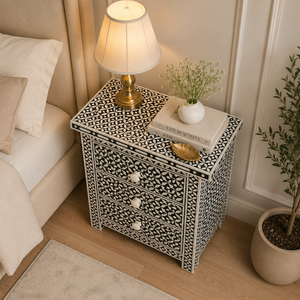 Indian Style Nightstand <b>Side</b> Table Carved Pattern Bedside Cabinet Three <b>Drawer</b> Accent Storage for Bedroom - Product Image 4