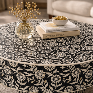 <b>Round</b> Coffee <b>Table</b> Decorative Wooden Accent Center <b>Table</b> Black and <b>White</b> Floral Inlay Living Room Furniture - Product Image 3