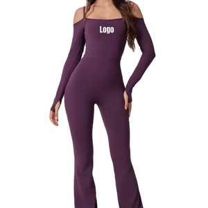 Custom Logo Women's Sexy One Piece Backless Yoga Jumpsuit Cold Shoulder Double Straps <b>Flared</b> Pants Water Resistant Spandex/Nylon - Product Image 3