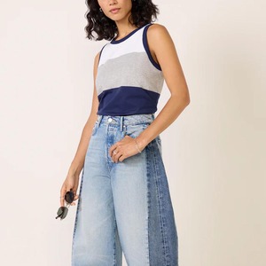 Women's Color Blocked Sleeveless Tank <b>Top</b> O-Neck Knitted Cotton Casual Loose Fit White Gray <b>Navy</b> Blue - Product Image 5