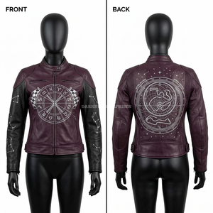 Chaqueta de Cuero Marrón Personalizada para Mujer, con Bordado Gráfico del Signo Zodiacal, Estilo Motero, Corte Ajustado, para Motocicleta y Ropa Urbana - Product Image 1
