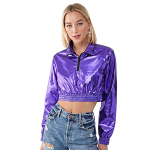 Y2K Metallic Stretch Cropped Bomber Jacket Full Sleeve Hooded Collar <b>Zipper</b> Closure Polyester Spring Women's Streetwear Fashion - Product Image 2