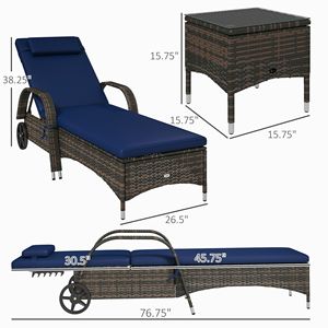 Set Moderno di Chaise Longue in Vimini per Patio con 2 Tavolini, Cuscini Blu Scuro, Poggiatesta, Schienale Regolabile, Ruote e Struttura in Metallo Resistente - Product Image 3