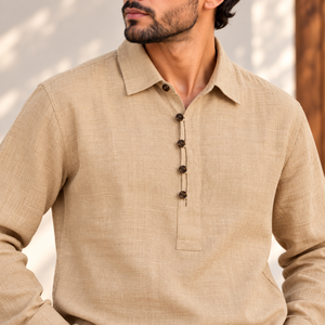 Men's 100% Linen Stand Collar Henley Style Long Sleeve Button Front Casual Lightweight Eco-Friendly Breathable <b>Summer</b> <b>Shirt</b> - Product Image 3
