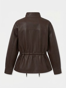 Veste en cuir de mouton marron pour femme, col montant, style motard, fermeture éclair, manches régulières, coupe-vent, printemps automne - Product Image 5