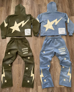 Zip up Hoodie Raw Edge Cropped Applique Embroidery Hoodies and Sweatpants Set Acid Washed Tracksuit <b>for</b> Men - Product Image 3