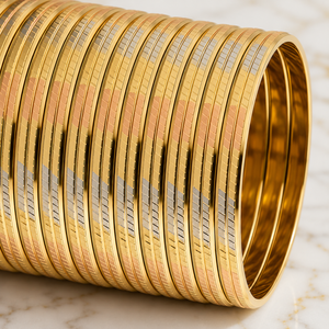 ORO-Z Three Tone Gold Plated <b>Bangles</b> Striped <b>Engraved</b> Design Bracelet for Women High Quality Jewelry - Product Image 4