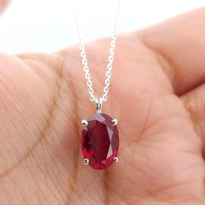 Women's Oval Ruby Pendant Necklace <b>Silver</b> Plated Stainless Steel Claw Setting Box <b>Chain</b> Classic Everyday Jewelry July Birthstone - Product Image 1