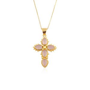 Designer gold plated cross <b>necklace</b> checker cut pink chalcedony pear shape gemstone <b>crucifix</b> cross pendant <b>necklace</b> for <b>women</b> - Product Image 1