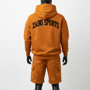 Conjunto de Sudadera con Capucha y Pantalones Cortos de Felpa de Algodón y Poliéster para Hombre, Color Naranja Quemado, con Panel Personalizado y Logotipo Estampado, Estilo Urbano - Product Image 2