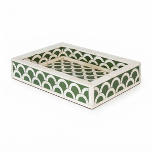 Plateau décoratif de luxe fait main en os incrusté noir et blanc, motif marocain à quatre feuilles, pour table basse et ottoman - Product Image 2