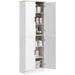 "Modern Freestanding Wood <b>Kitchen</b> <b>Pantry</b> with 4 Doors Adjustable Shelves Distressed White MDF Construction" - Product Image 1