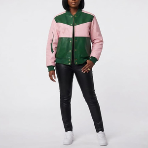 Veste en cuir PU rose et vert personnalisée pour sororité – Col montant à boutons-pression, respirante, vente en gros, fabricant, marque privée - Product Image 1