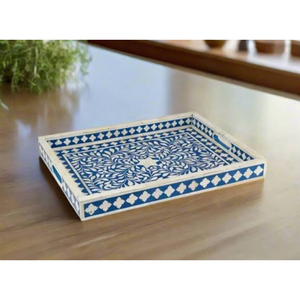 Plateau en bois artisanal vert hexagonal avec incrustations d'os et motif géométrique rayé pour une décoration élégante de table à manger et de la maison - Product Image 3