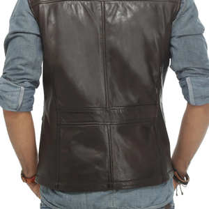 Best Quality Men's Genuine <b>Leather</b> <b>Vest</b> Stand Collar Zipper Closure Casual Solid Color Multi Pockets Outer Wear Autumn Style - Product Image 6
