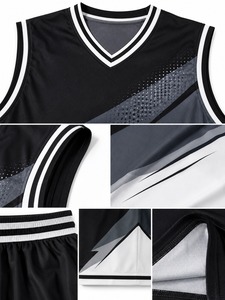 Ensemble de maillots de basketball pour hommes, manches courtes, col en V, sangle en T, taille élastique, évacuation de l'humidité, imprimé par sublimation, motif uni - Product Image 5