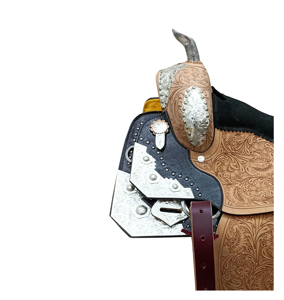 Selle de cheval Western en cuir tanné pour barrel racing, motif floral gravé à la main, motif argenté, assise en daim noir, de 10 à 18 pouces, fabricant indien - Product Image 3