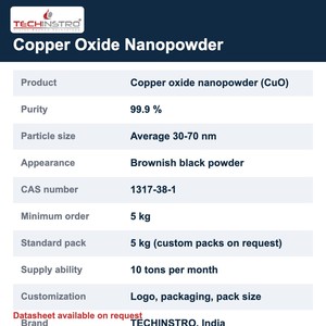 Nanopoudre d'oxyde de cuivre de qualité nano 99,9% CuO Nanoparticules 30-70 nm pour céramiques et pigments de verre Fabriqué en Inde - Product Image 2