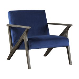 Poltrona Moderna in Velluto Blu Stile Retrò con Finitura Grigio Anticato, 1 Pezzo in Legno Massello di Gomma per Soggiorno - Product Image 2