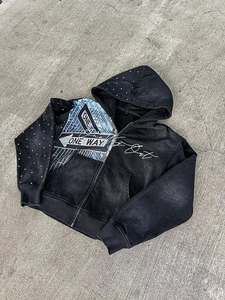 **Custom Rhinestone Graphic Zip Hoodie Acid Wash Streetwear Hoodie Heavyweight Cotton Hoodie with Mixed Media Print OEM Hoodies - Product Image 3