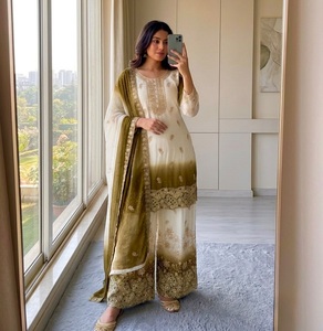 Conjunto de Salwar Kameez Bordado Verde Oliva, Traje Indio Pakistaní de Georgette con Dupatta, Ropa Étnica para Mujer, Ideal para Bodas y Fiestas - Product Image 1