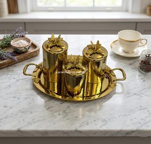 Luxury Gold Hammered Metal Canister Set with Tray 3 Piece Decorative Kitchen Storage <b>Jars</b> with Butterfly Lids <b>Spice</b> Organizer - Product Image 3