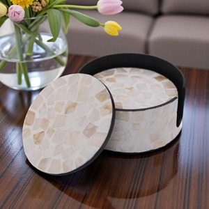 Handcrafted Modern Square Mother-of-Pearl Mosaic MOP Inlay <b>Coaster</b> Set with Holder From REHMAN CRAFT - Product Image 4