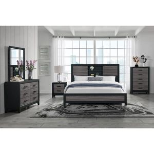 Letto matrimoniale SOLUTO imbottito con libreria grigia e nera, elegante set di mobili - Product Image 6