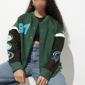 Green Varsity <b>Jacket</b> Full Sleeve Button Up Collar Patch Designs Regular Fit Women's Autumn Wear Solid Color Letter <b>Pattern</b> - Product Image 1