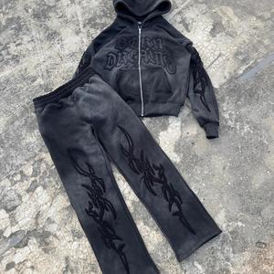 High Quality <b>Lightweight</b> Breathable Solid Acid Wash Sweatpants <b>Hoodie</b> Set Custom Logo Vintage Tracksuit Training Wear Terry - Product Image 4