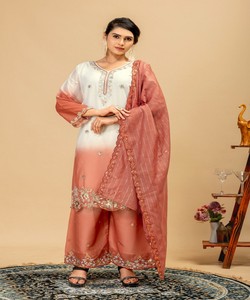 Traje Palazzo de Algodón Bordado con Degradado de Blanco a Melocotón para Mujer, Corte Holgado, Estilo Tradicional de India y Pakistán 86389 SWAROOP-ST-1198 - Product Image 1