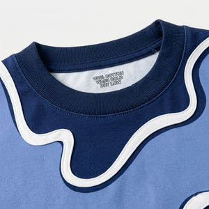 Custom Polyester/Cotton Knitted Heavyweight Blue Wave <b>Patchwork</b> Streetwear T <b>Shirts</b> Men Regular Fit Drop Shoulder Graphic - Product Image 3